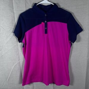 EP New York Womens Golf Polo Shirt Large Navy Blue Pink Short Sleeve Snap Neck L